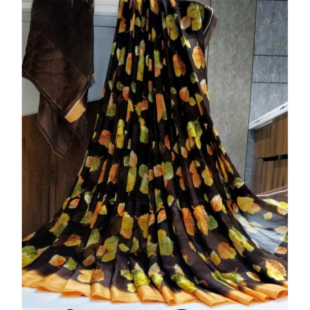 Amfyn Women's Sattin Patta Printed Saree With Unstitched Blouse (Brown, 5-5 Mtrs)