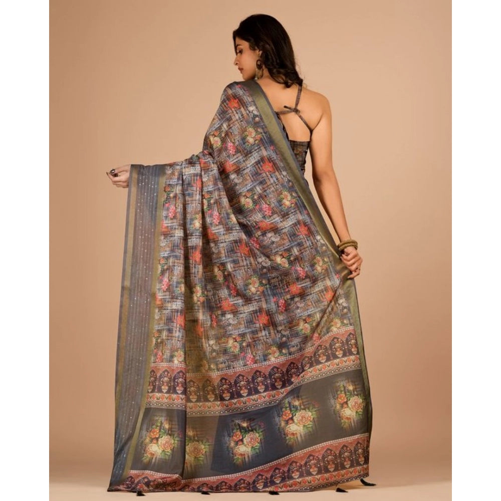 Amfyn Women's Digital Printed Saree With Unstitched Blouse (Grey, 5-5 Mtrs)