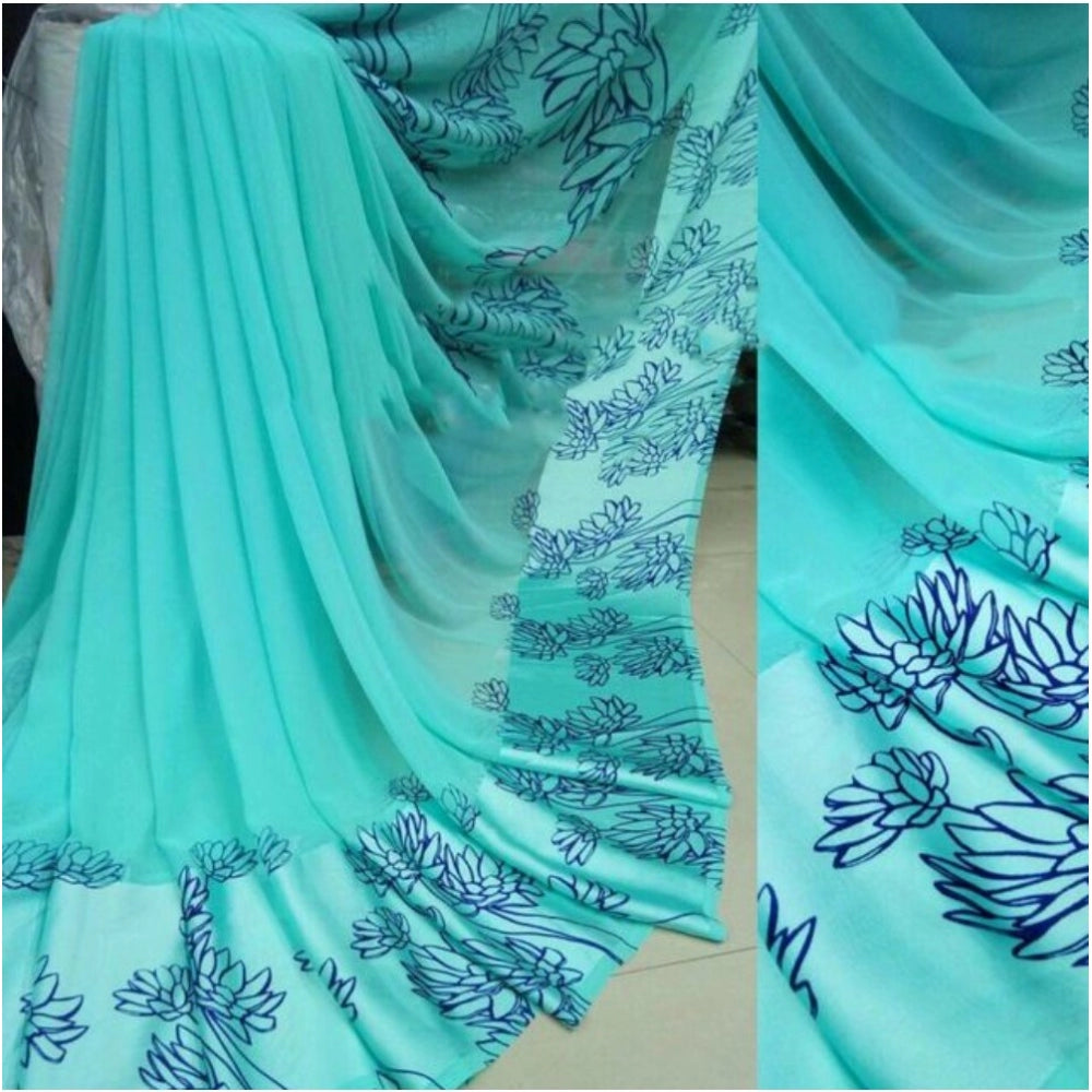 Amfyn Women's Sattin Patta Printed Saree With Unstitched Blouse (Skyblue, 5-5 Mtrs)