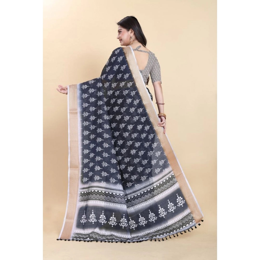Amfyn Women's Linen Printed Saree With Unstitched Blouse (Black, 5-5 Mtrs)