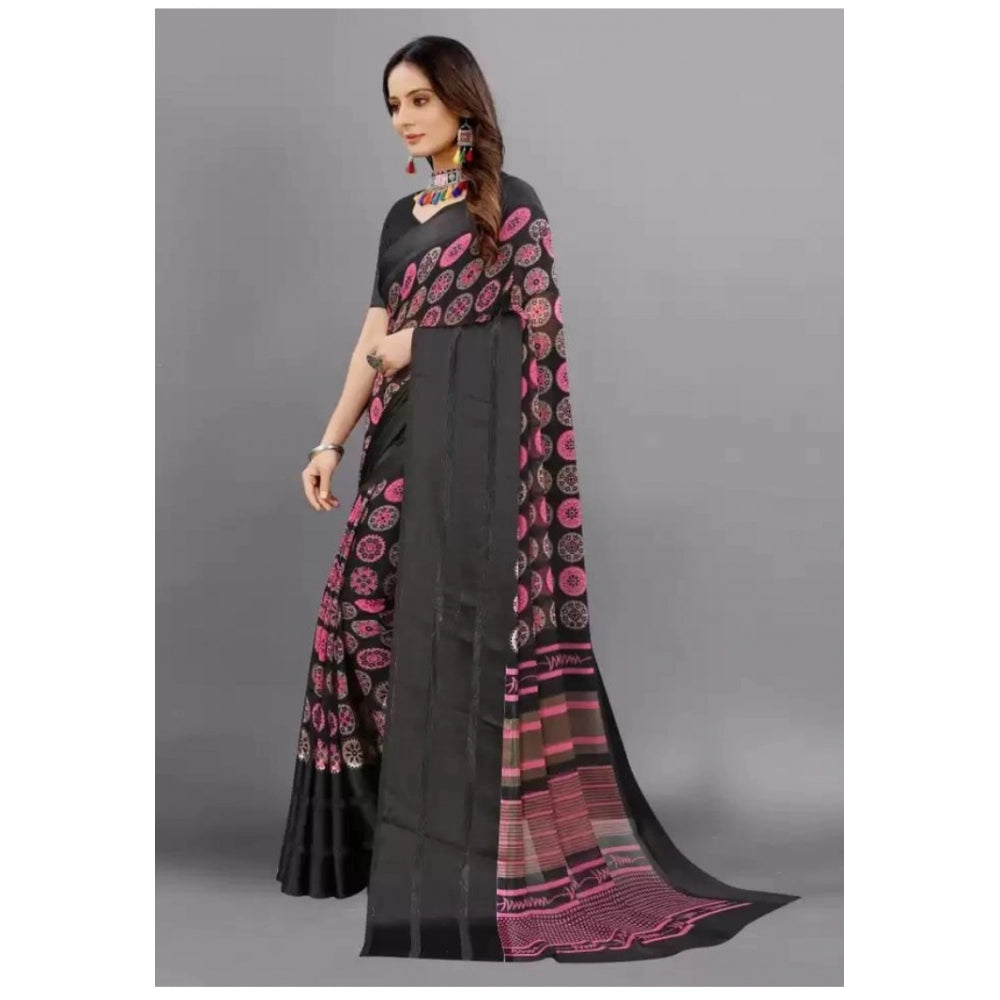 Amfyn Women's Sattin Patta Printed Saree With Unstitched Blouse (Black, 5-5 Mtrs)