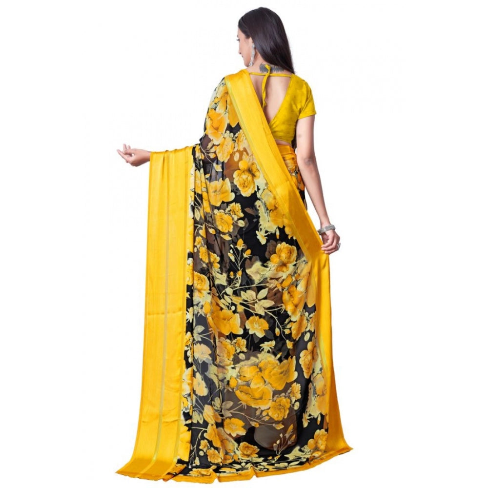 Amfyn Women's Sattin Patta Printed Saree With Unstitched Blouse (Yellow, 5-5 Mtrs)