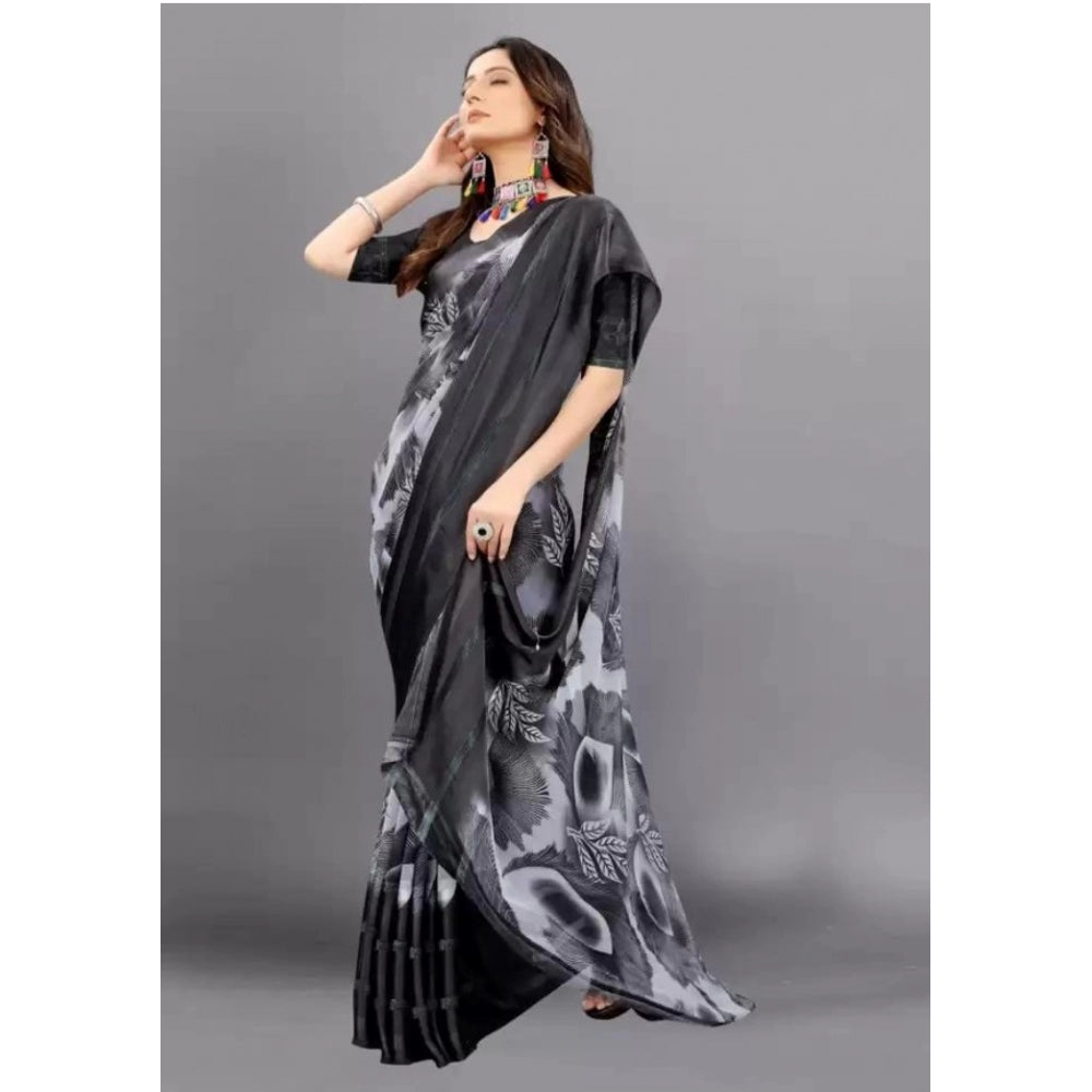 Amfyn Women's Sattin Patta Printed Saree With Unstitched Blouse (Black, 5-5 Mtrs)