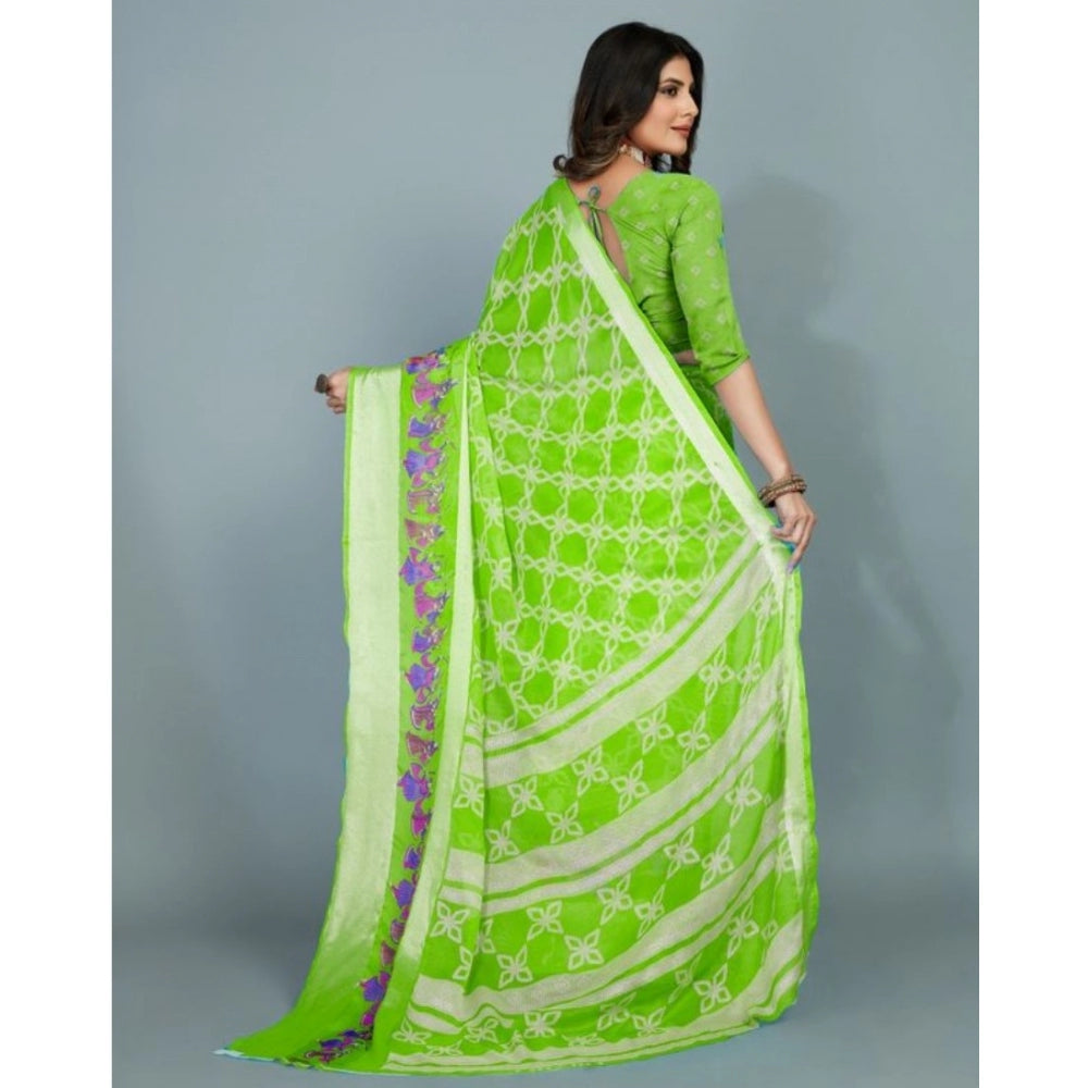 Amfyn Women's Moss Chiffon Printed Saree With Unstitched Blouse (Green, 5-5 Mtrs)