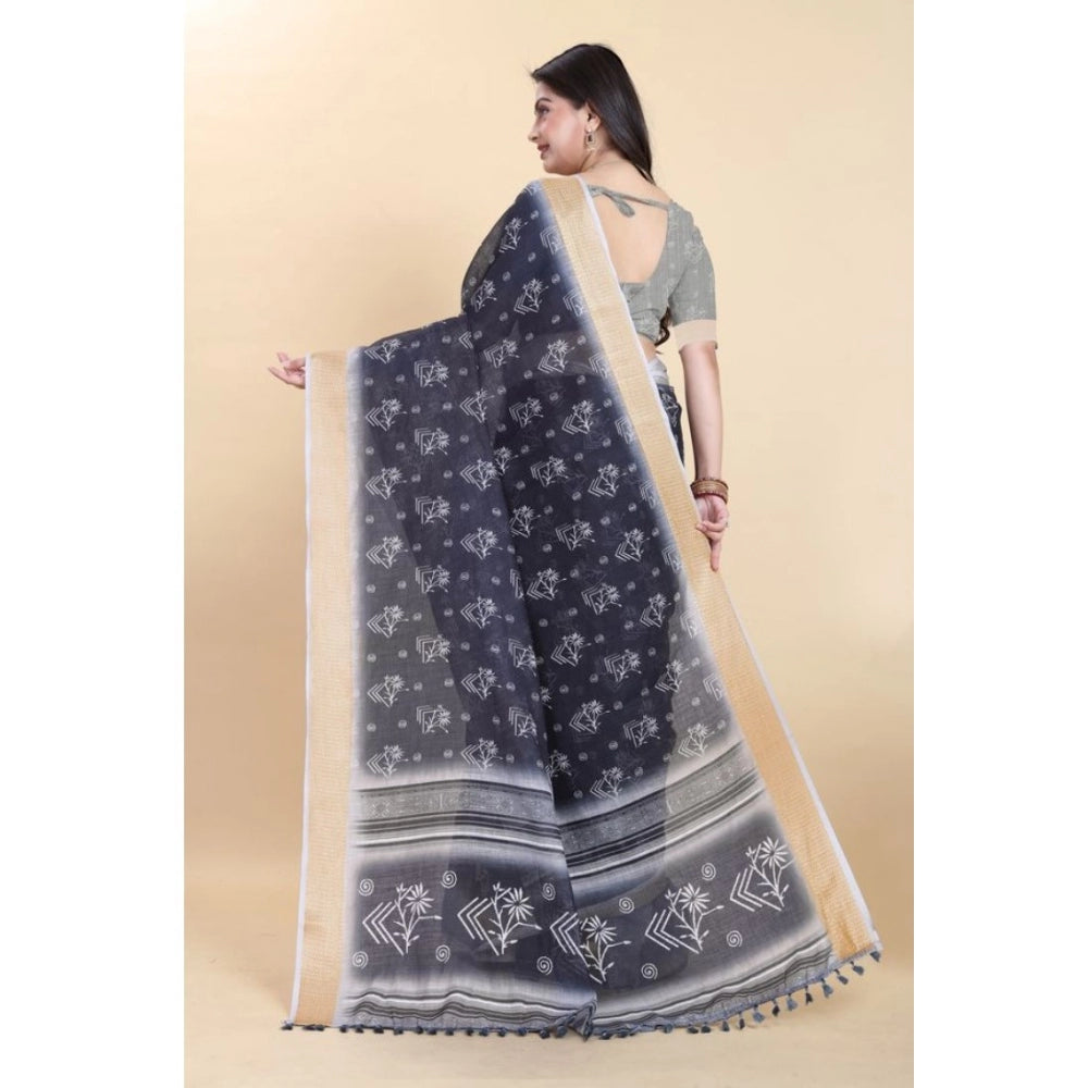 Amfyn Women's Linen Printed Saree With Unstitched Blouse (Black, 5-5 Mtrs)