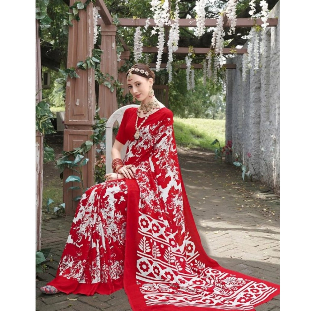 Amfyn Women's Georgette Printed Saree With Unstitched Blouse (Red, 5-5 Mtrs)
