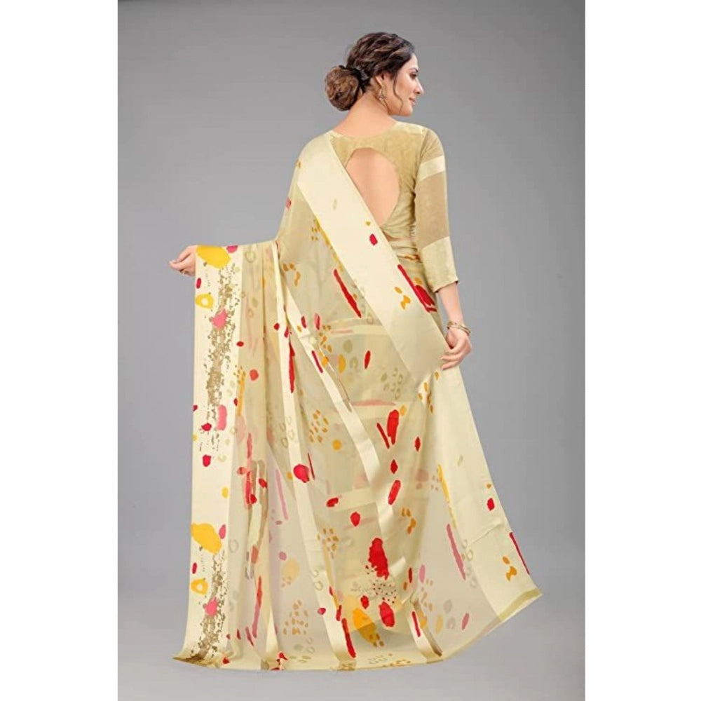 Amfyn Women's Sattin Patta Printed Saree With Unstitched Blouse (Cream, 5-5 Mtrs)