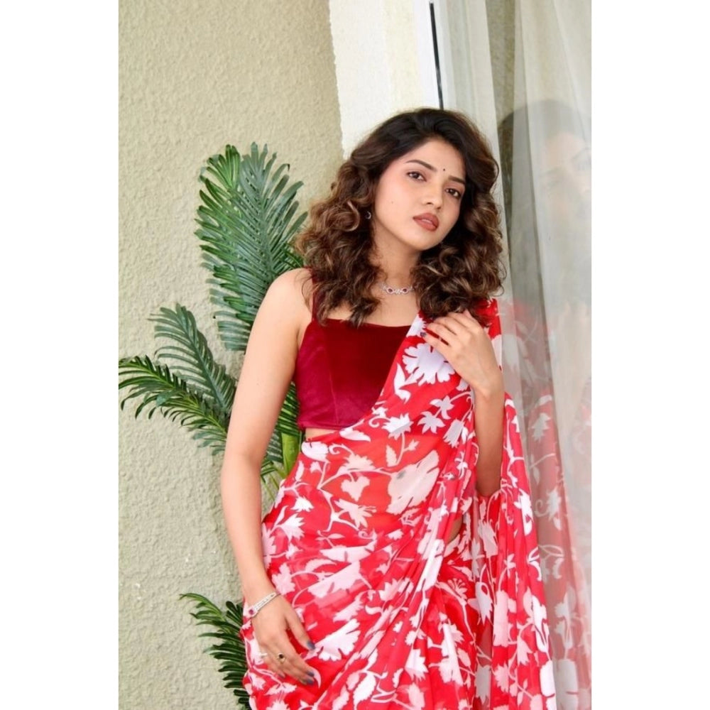 Amfyn Women's Sattin Patta Printed Saree With Unstitched Blouse (Red, 5-5 Mtrs)
