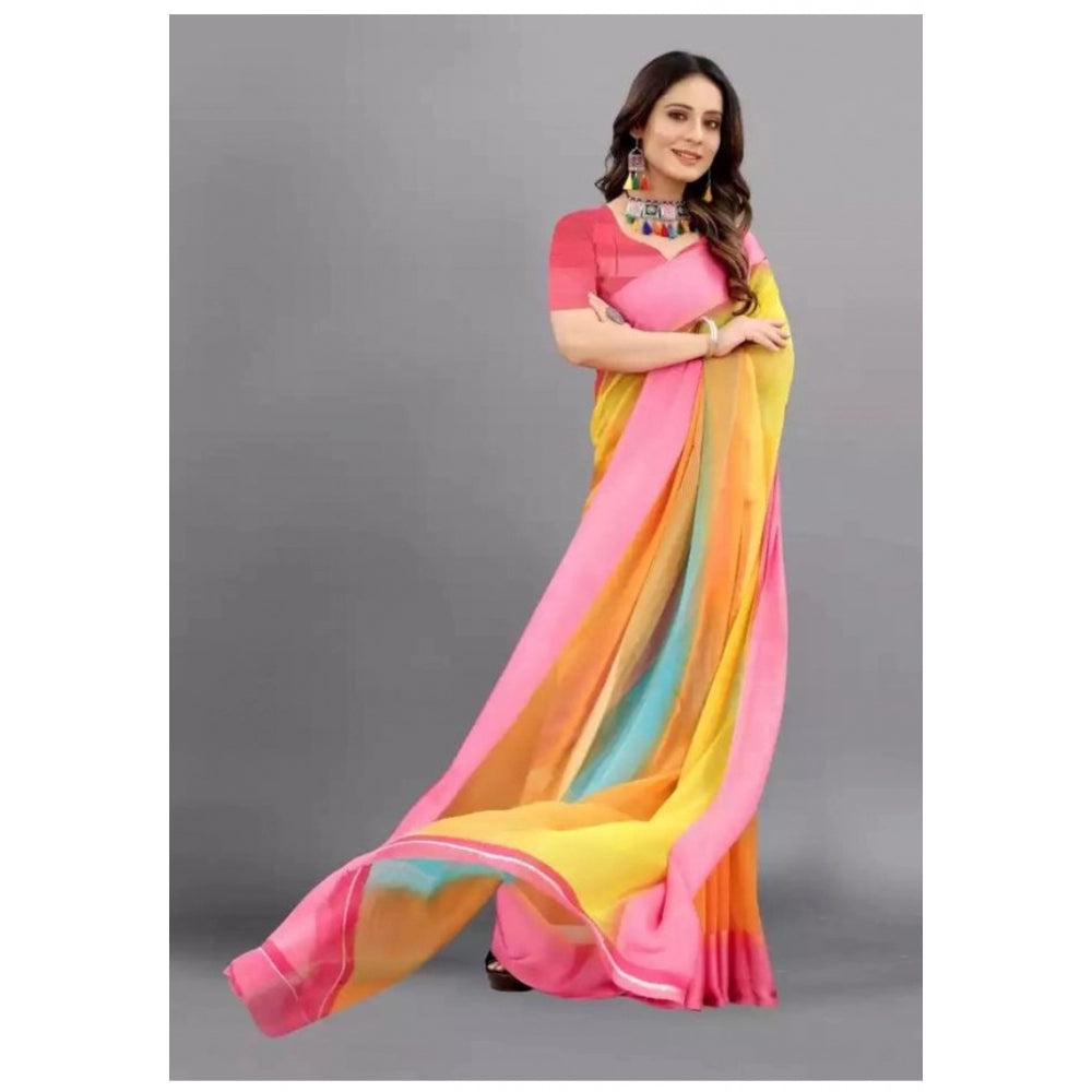 Amfyn Women's Sattin Patta Printed Saree With Unstitched Blouse (Pink, 5-5 Mtrs)