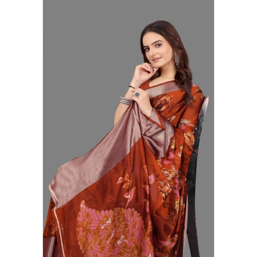 Amfyn Women's Chiffon Printed Saree With Unstitched Blouse (Red, 5-5 Mtrs)
