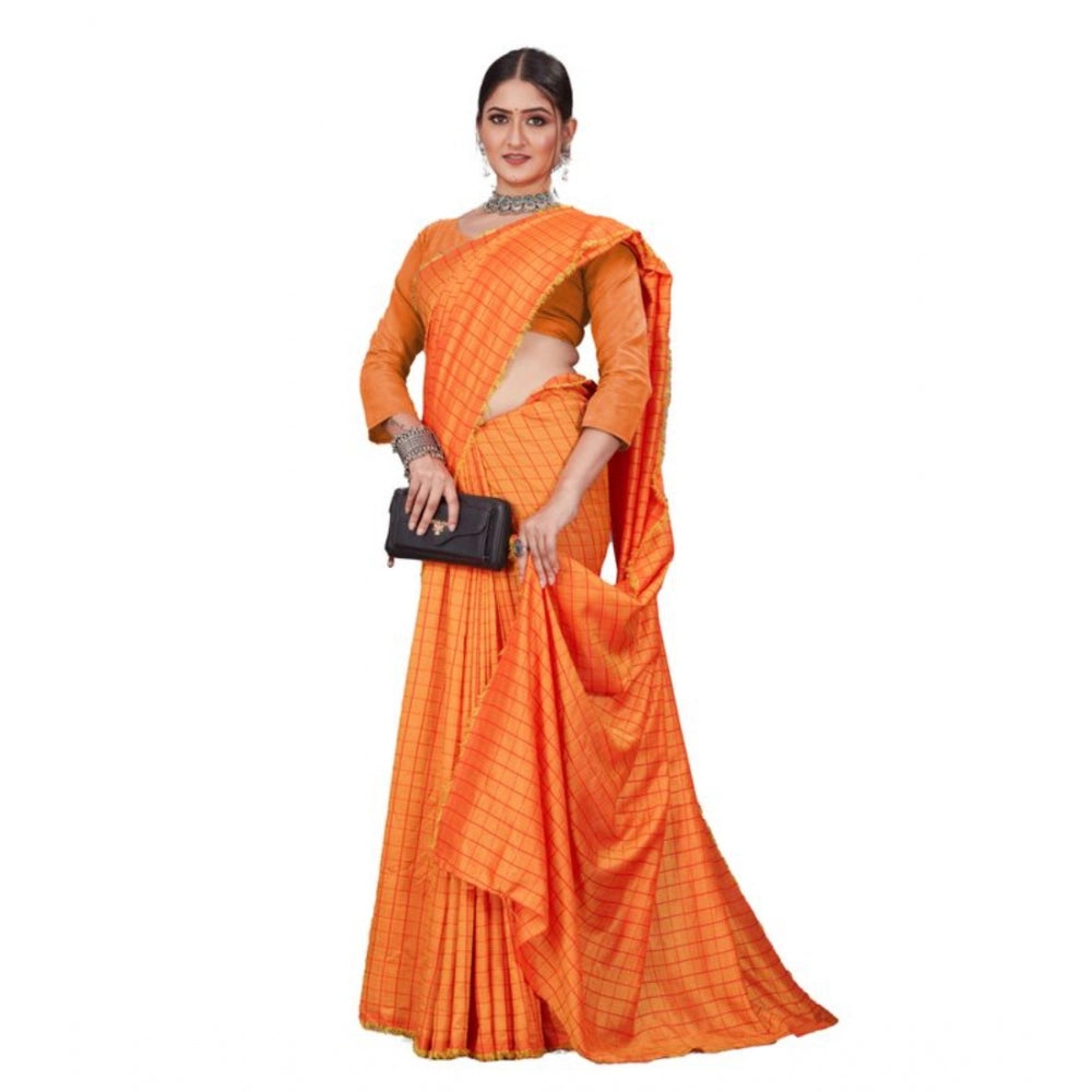 Amfyn Women's Vichitra Checked Saree With Unstitched Blouse (Orange, 5-5 Mtrs)
