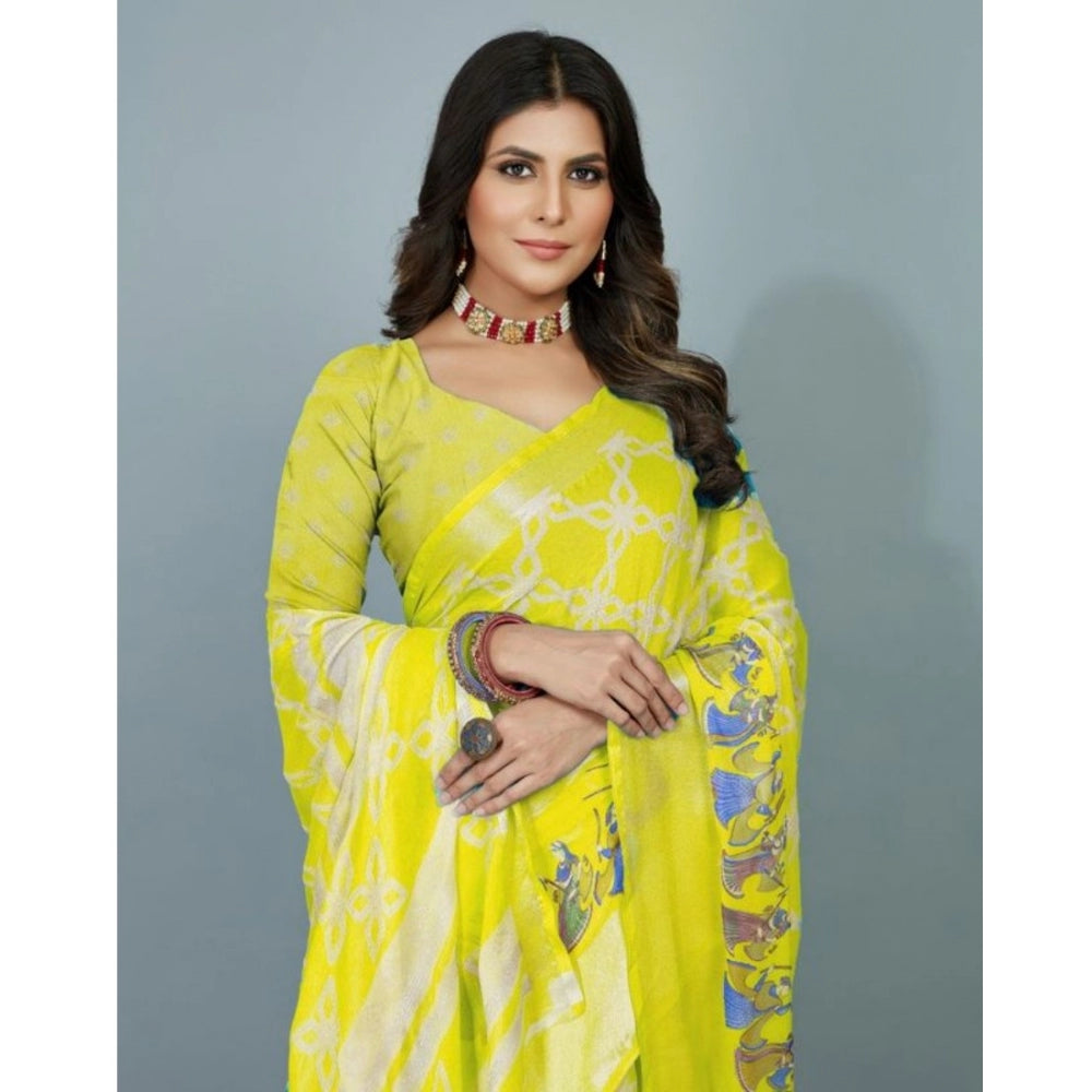 Amfyn Women's Moss Chiffon Printed Saree With Unstitched Blouse (Yellow, 5-5 Mtrs)