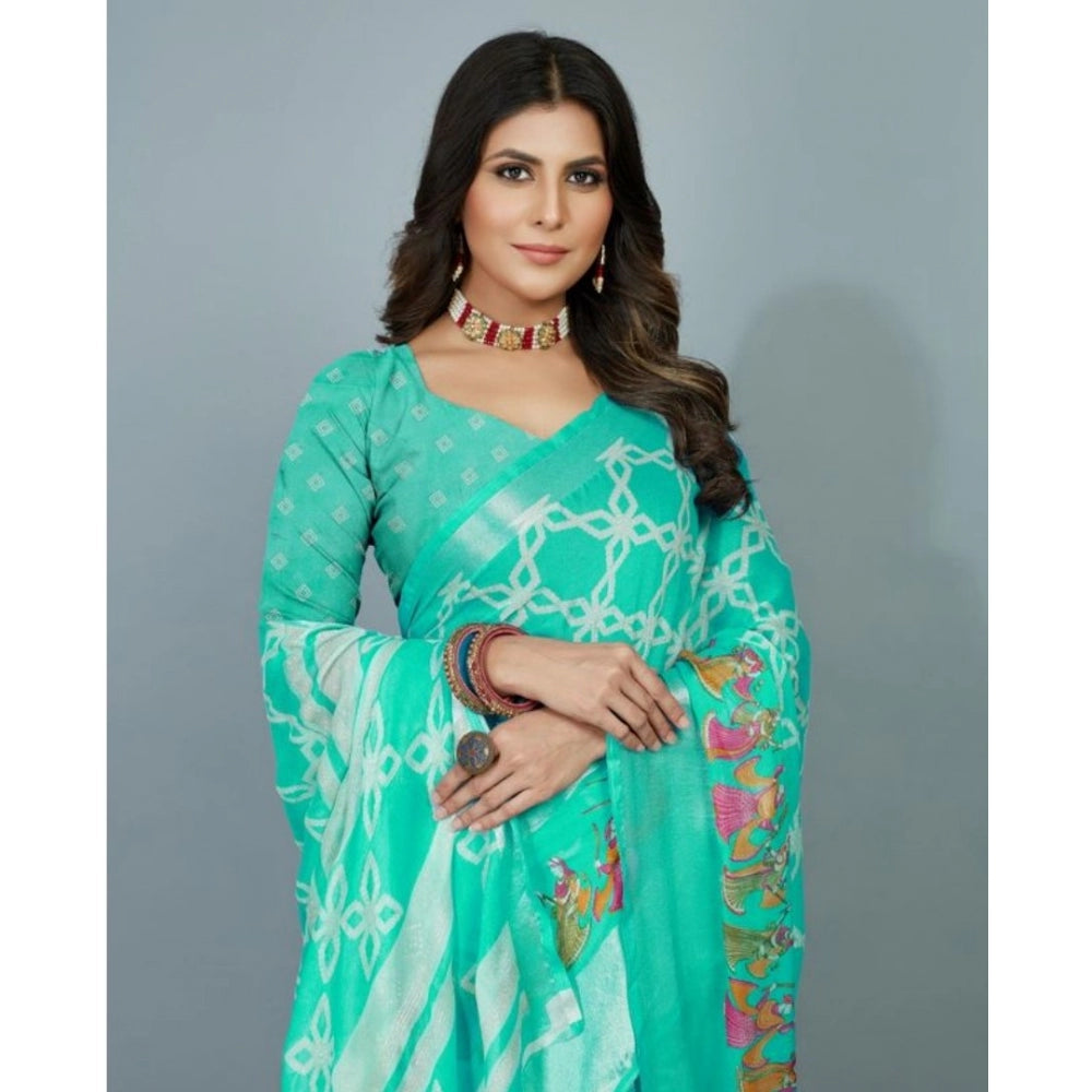 Amfyn Women's Moss Chiffon Printed Saree With Unstitched Blouse (Teal, 5-5 Mtrs)