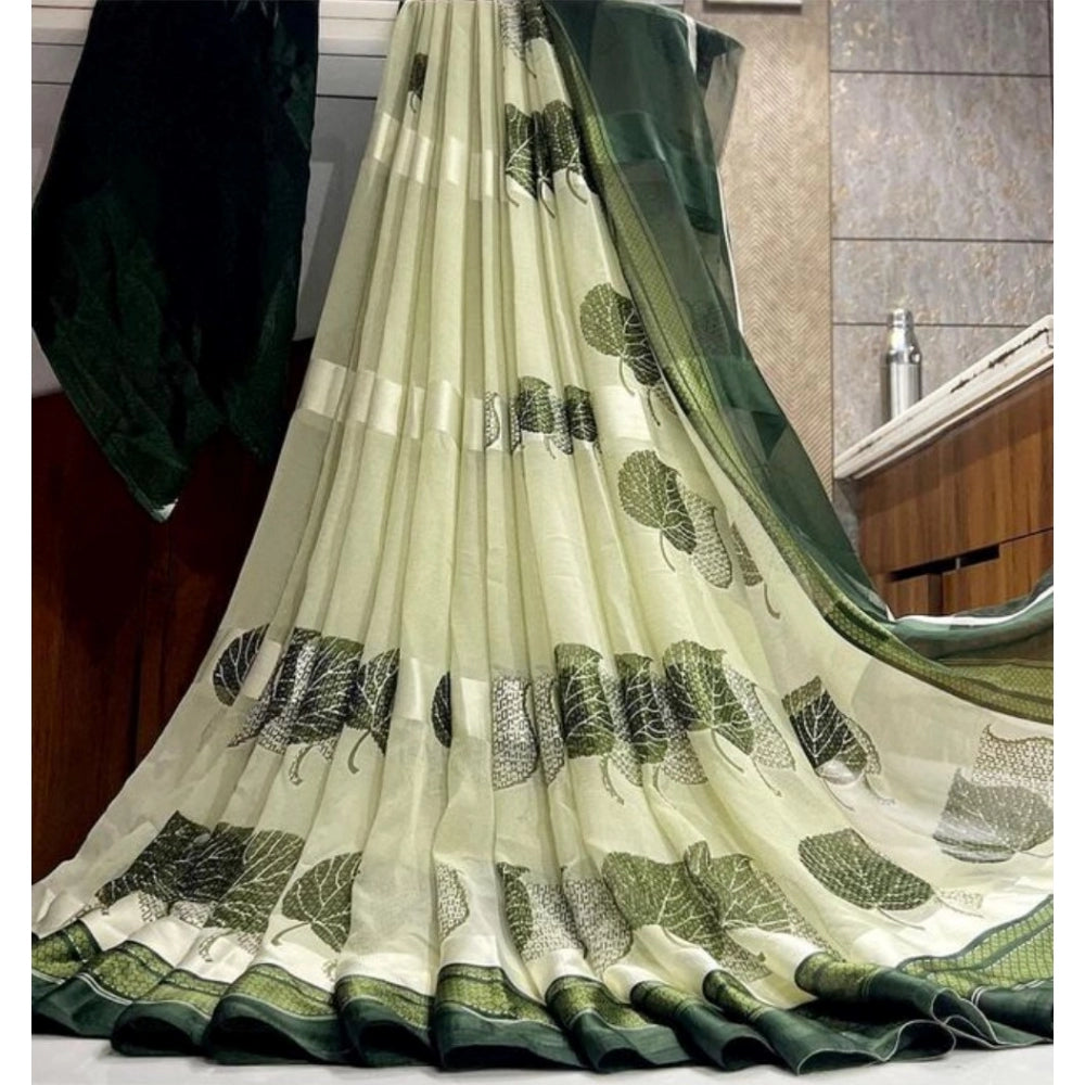 Amfyn Women's Sattin Patta Printed Saree With Unstitched Blouse (Green, 5-5 Mtrs)