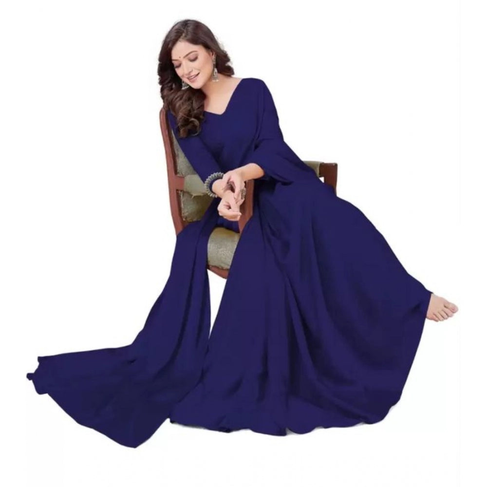 Amfyn Women's Georgette Solid Saree With Unstitched Blouse (Navyblue, 5-5 Mtrs)