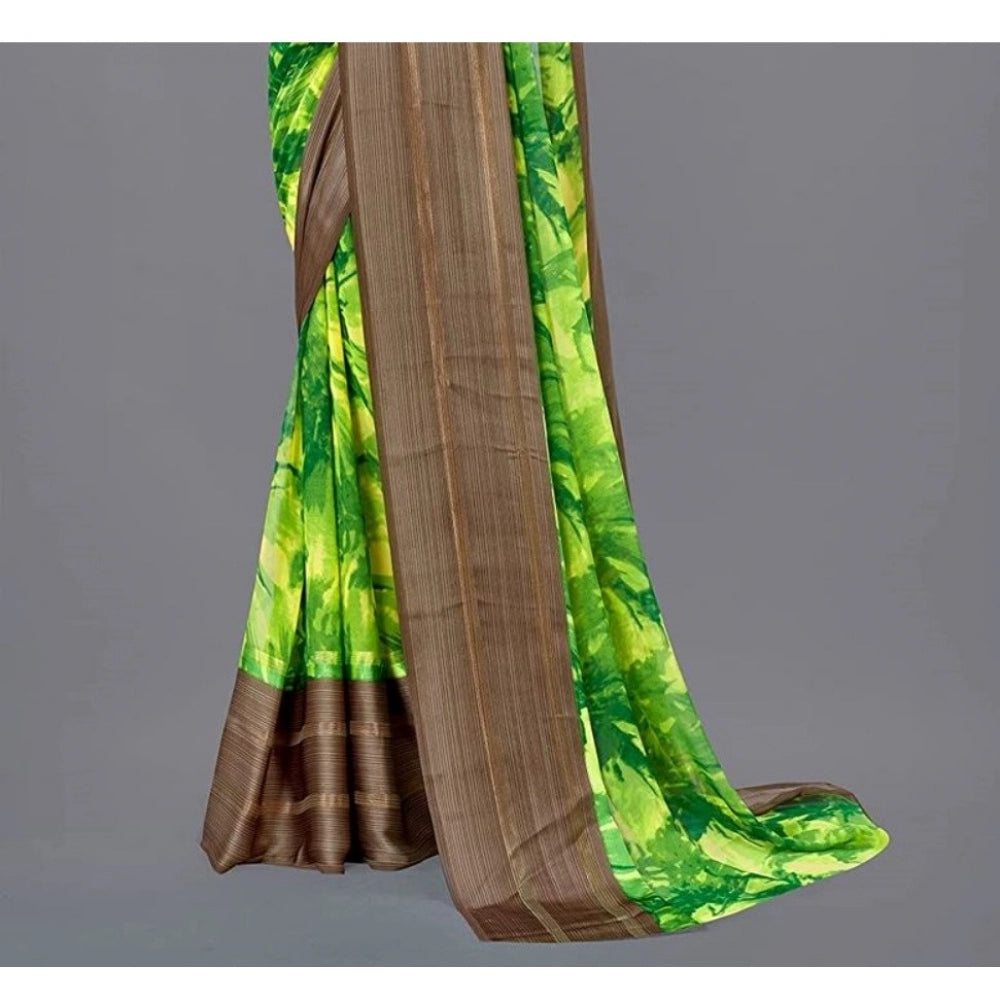 Amfyn Women's Sattin Patta Printed Saree With Unstitched Blouse (Green, 5-5 Mtrs)