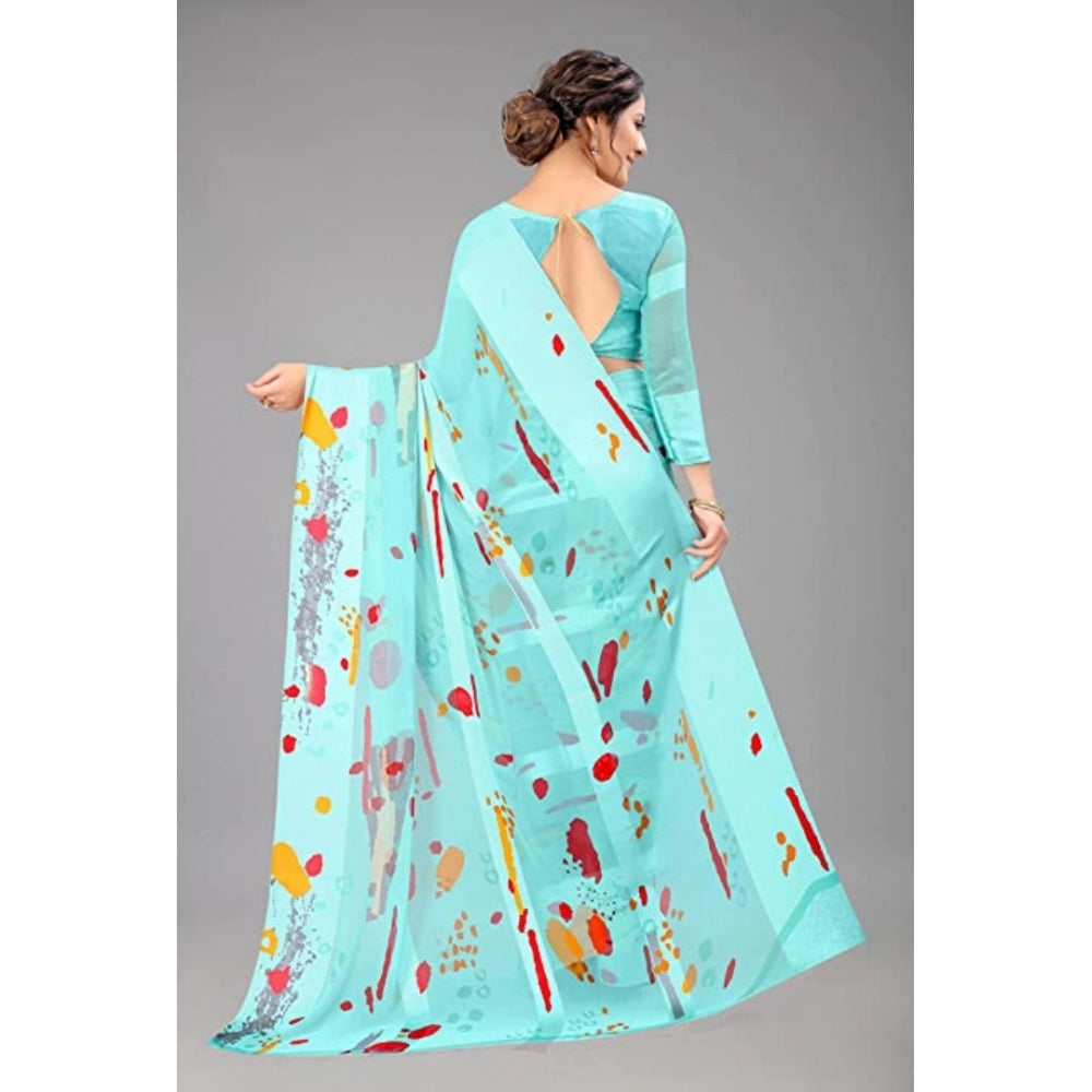 Amfyn Women's Sattin Patta Printed Saree With Unstitched Blouse (Skyblue, 5-5 Mtrs)
