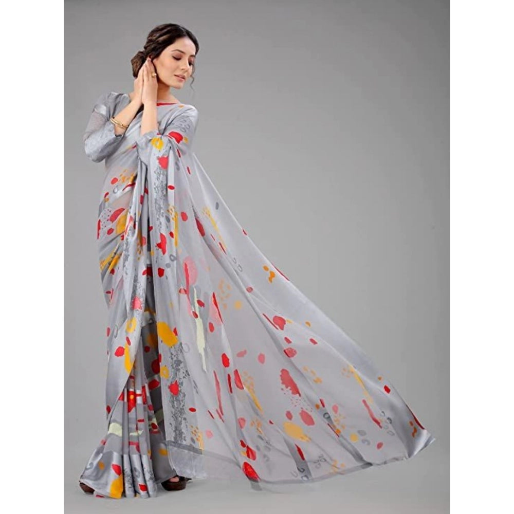 Amfyn Women's Sattin Patta Printed Saree With Unstitched Blouse (Grey, 5-5 Mtrs)