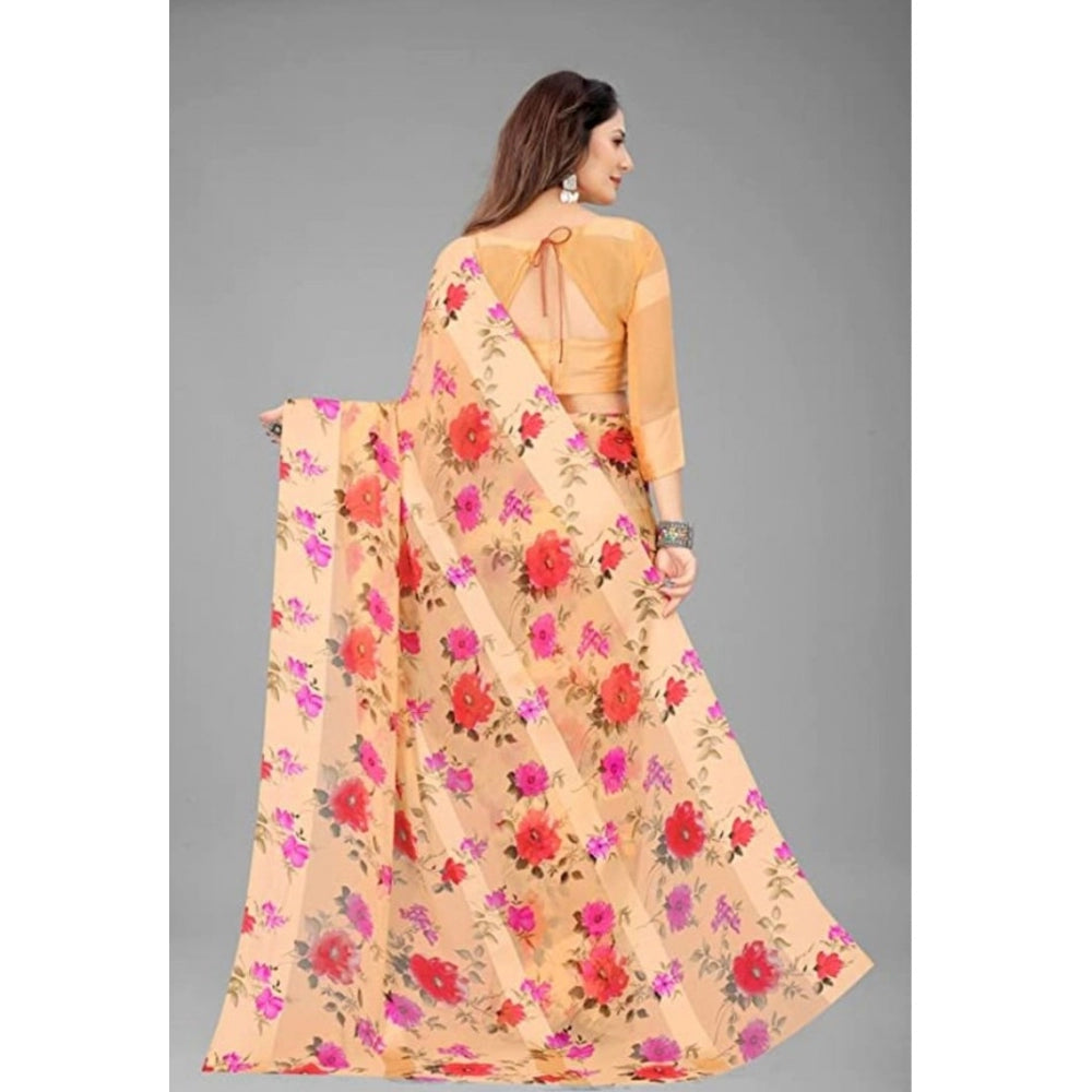 Amfyn Women's Sattin Patta Printed Saree With Unstitched Blouse (Beige, 5-5 Mtrs)