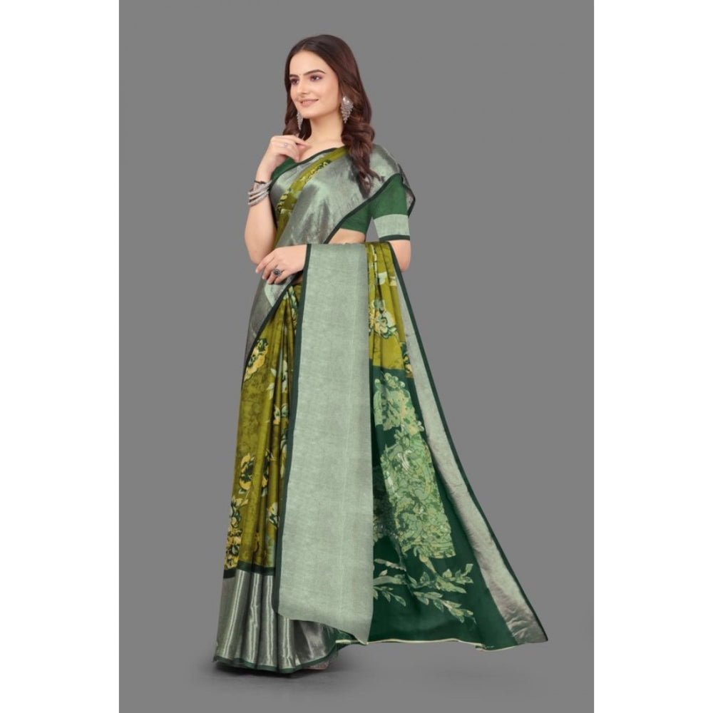 Amfyn Women's Chiffon Printed Saree With Unstitched Blouse (Mehendi, 5-5 Mtrs)