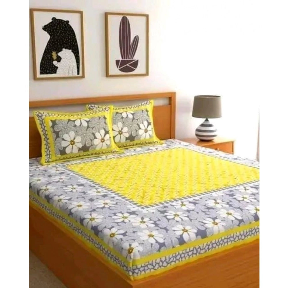 Generic Cotton Printed Queen Size Bedsheet With 2 Pillow Covers (Yellow, 90x100 Inch)