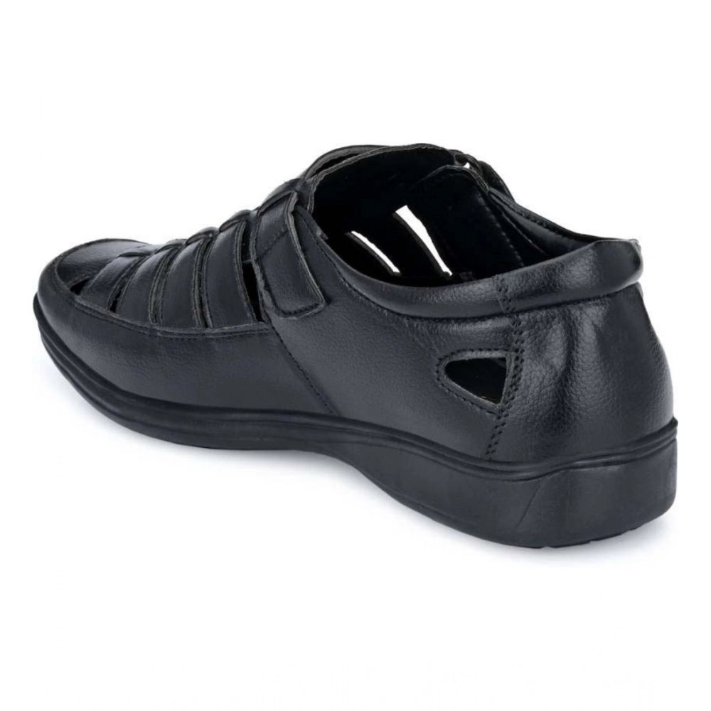 Amfyn Men's Casual Faux Leather Solid Velcro Sandal (Black)