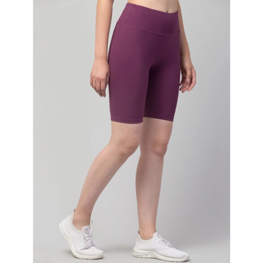 Amfyn Women's Polyester Solid Above Knee High-Rise Shorts (Purple)
