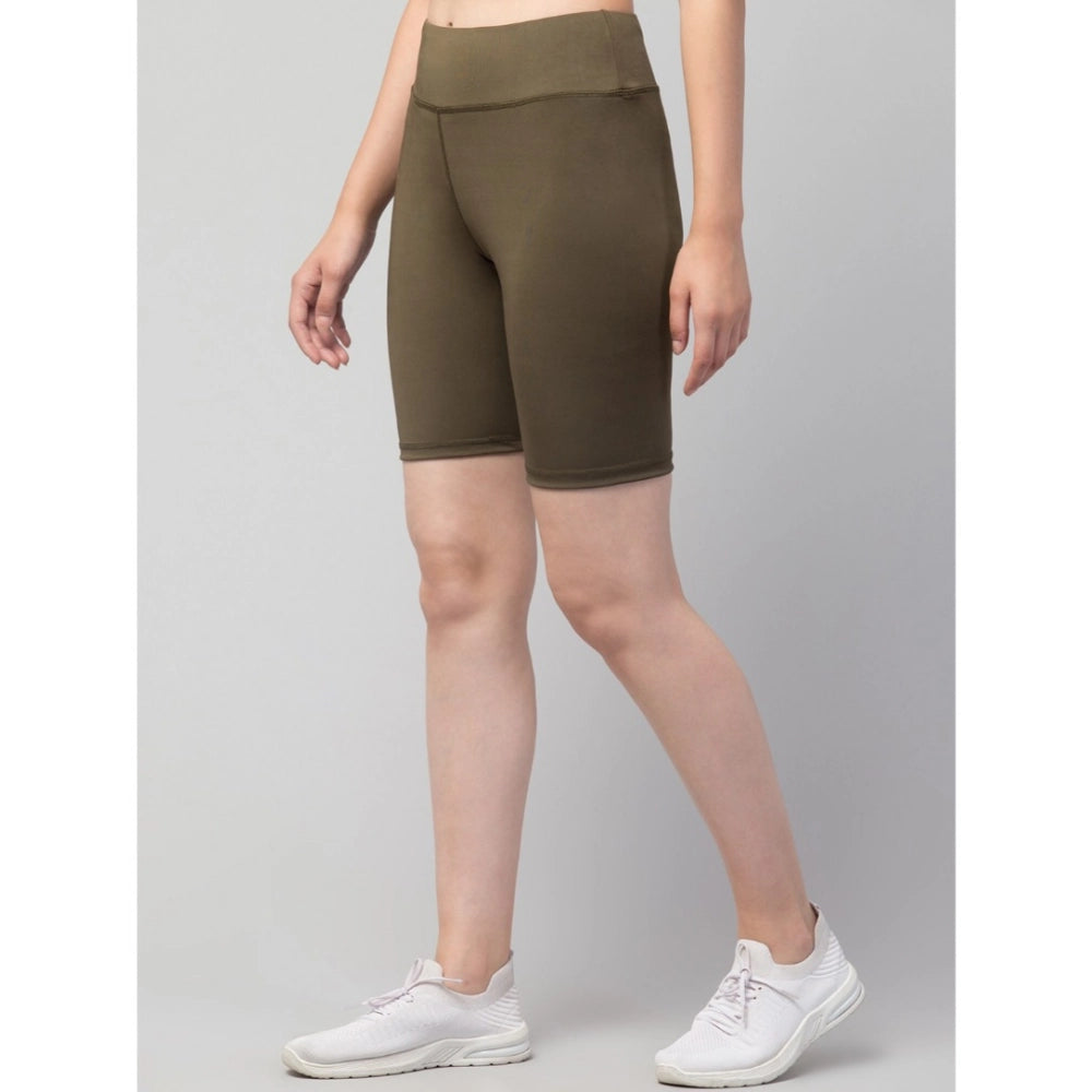 Amfyn Women's Polyester Solid Above Knee High-Rise Shorts (Olive)