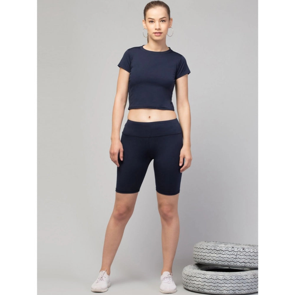 Amfyn Women's Polyester Solid Above Knee High-Rise Shorts (Navy)