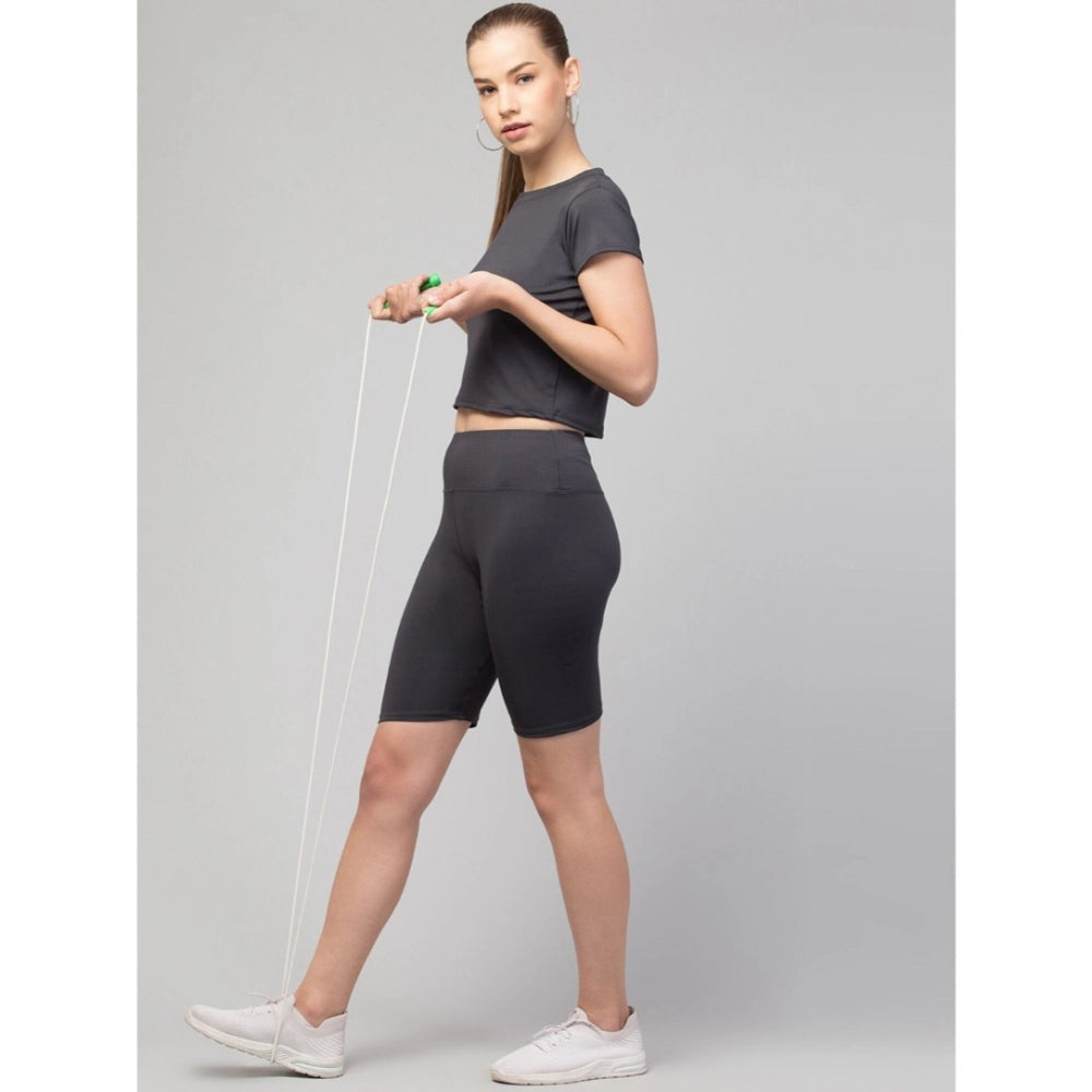 Amfyn Women's Polyester Solid Above Knee High-Rise Shorts (Grey)