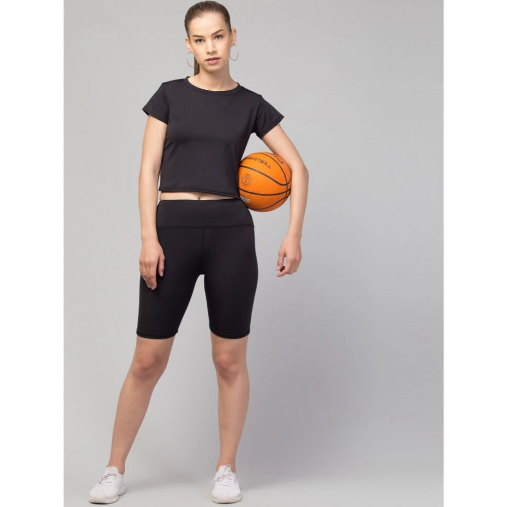 Amfyn Women's Polyester Solid Above Knee High-Rise Shorts (Black)