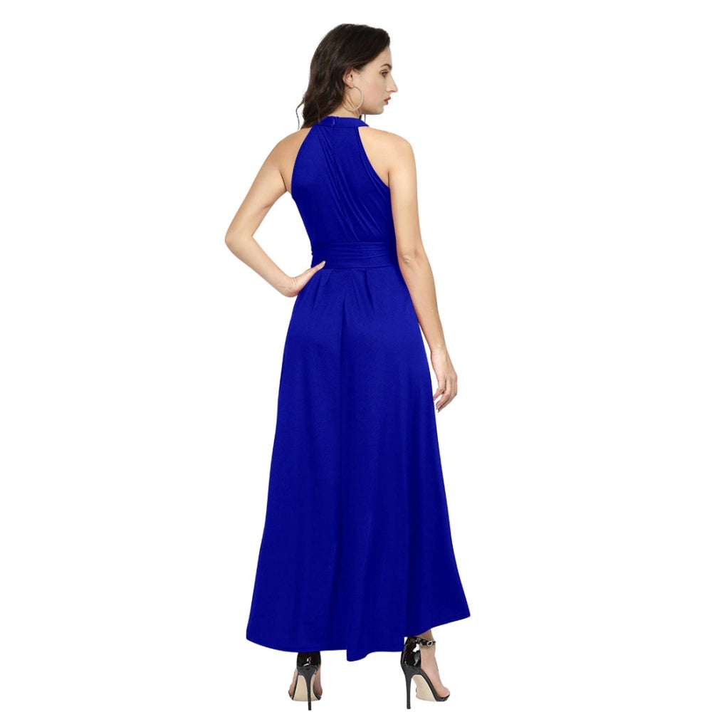 Amfyn Women's Polyster Solid Halter Neck Sleeveless Dress (Royal Blue)