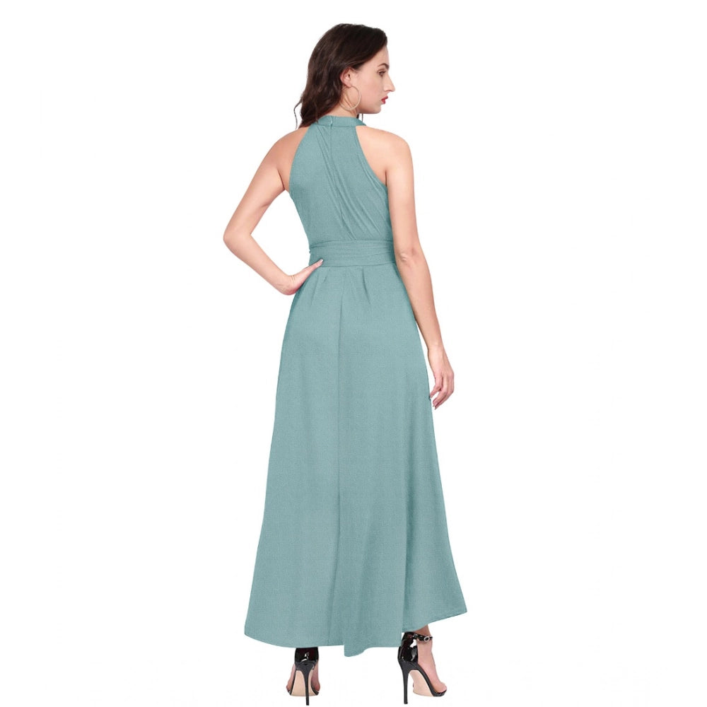 Amfyn Women's Polyester Solid Halter Neck Sleeveless Dress (Pista)