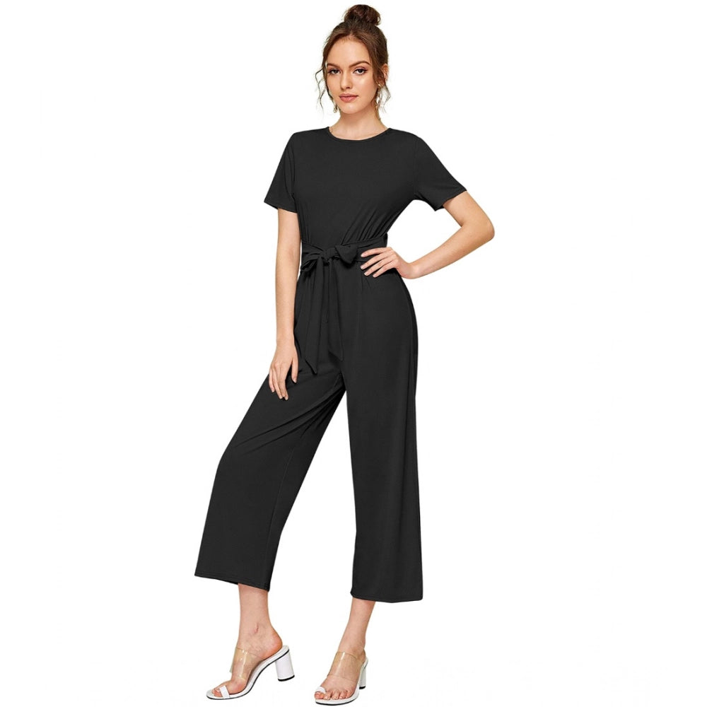 Amfyn Women's Knitting stretchable Solid Round Neck Cap Sleeve Jumpsuit (Black)