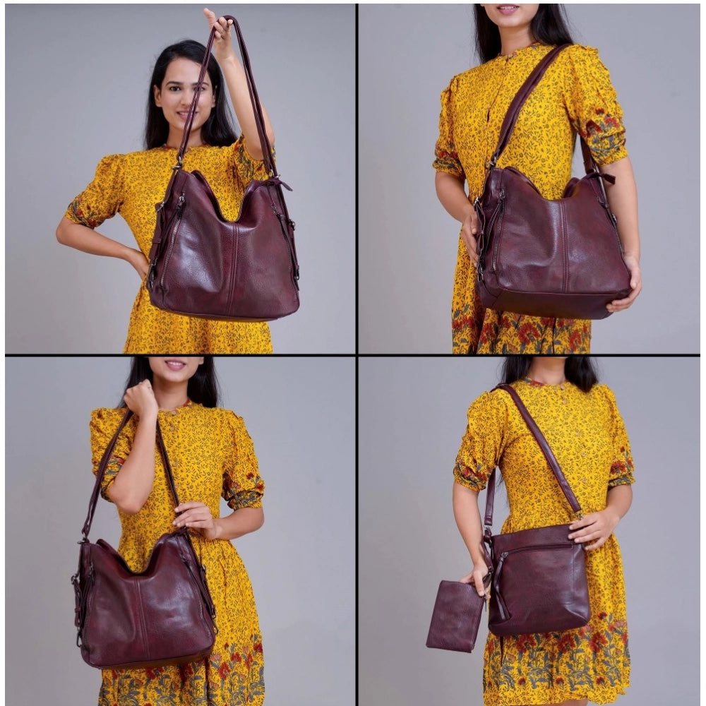 Amfyn Women's PU Leather Medium Shoulder Zipper Handbag (Wine red)