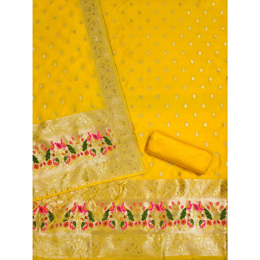 Amfyn Women's Banarasi Silk Printed Unstitched Salwar Suit Material With Dupatta (Yellow, 3Mtrs)