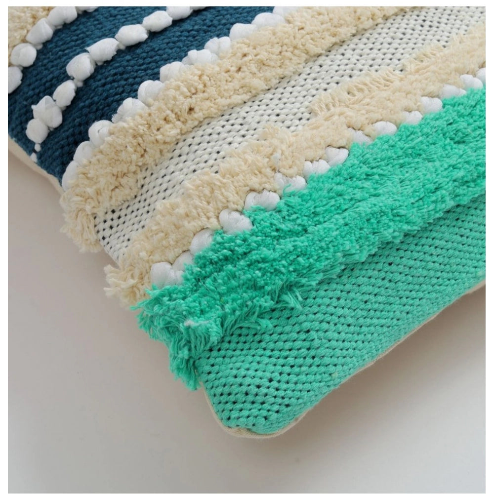 Amfyn Cotton Striped Handcrafted Pit Loom Cushion Cover 16x16 Inch Pack of 2 (Green Cream)