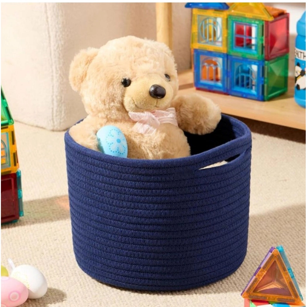 Amfyn Cotton Round Small Storage Basket 9x7 Inch Pack of 1 (Blue)