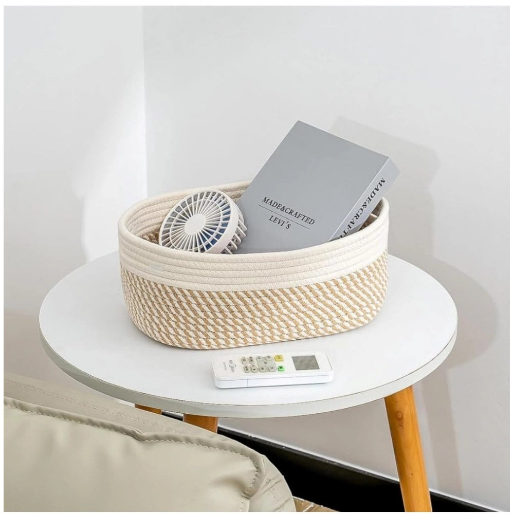 Amfyn Cotton Oval Storage Rope Woven Baskets Pack of 1 (Beige White)