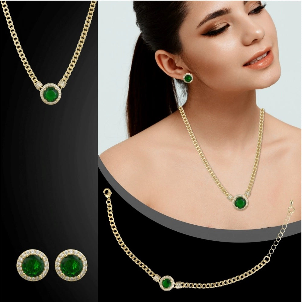 Amfyn Women's Stainless Steel Green Color Golden Chain Western Combo Jewelry (Gold Plated)