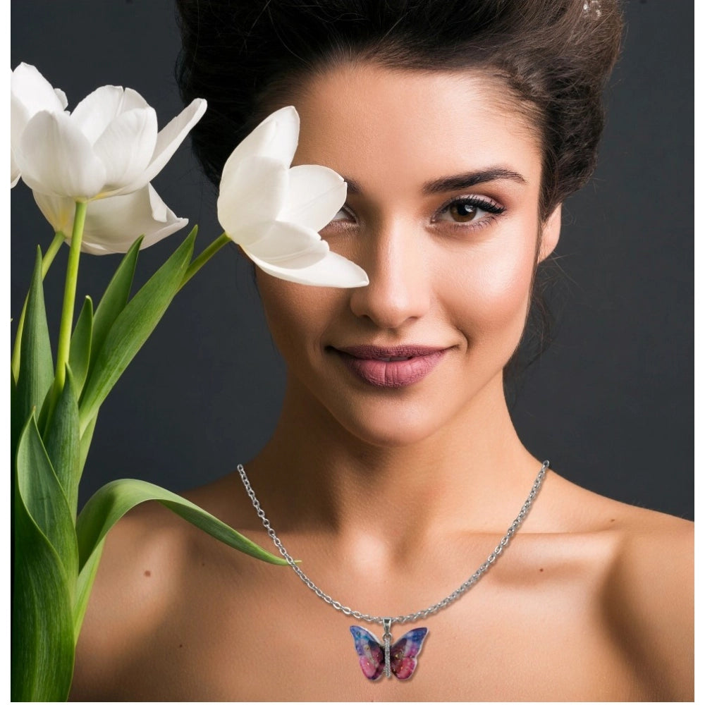 Amfyn Women's Stainless Steel Colorful Butterfly Pendent Dailywear chain (Silver Plated)