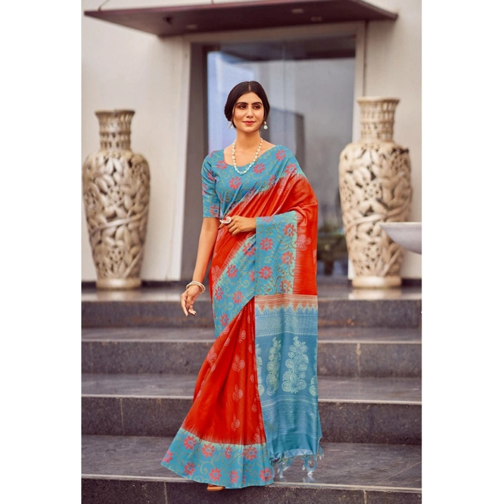 Amfyn Women's Cotton Blend Printed Saree With Unstitched Blouse (Red, 5-5 Mtrs)