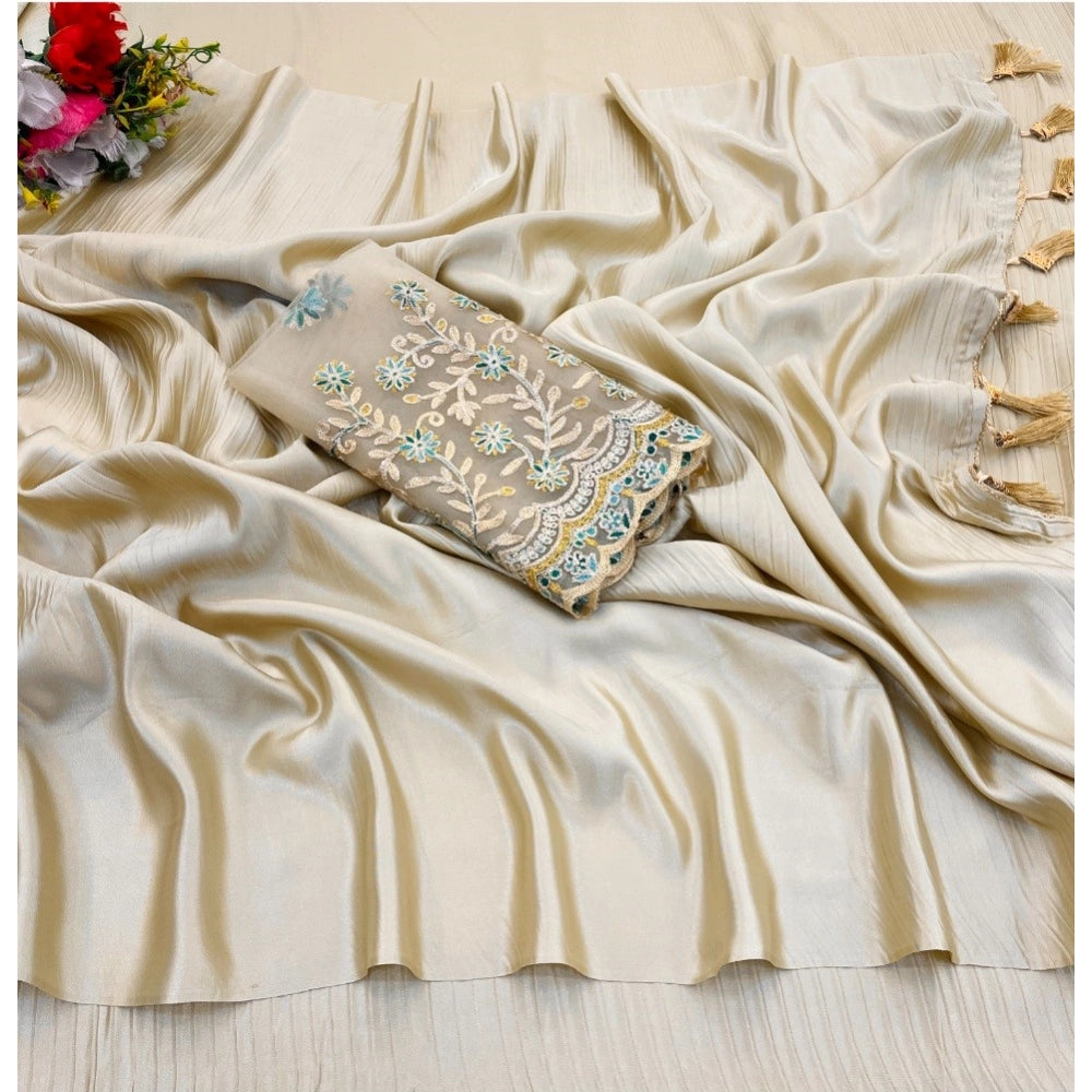 Amfyn Women's Satin Solid Saree With Unstitched Blouse (Yellow, 5-5 Mtrs)