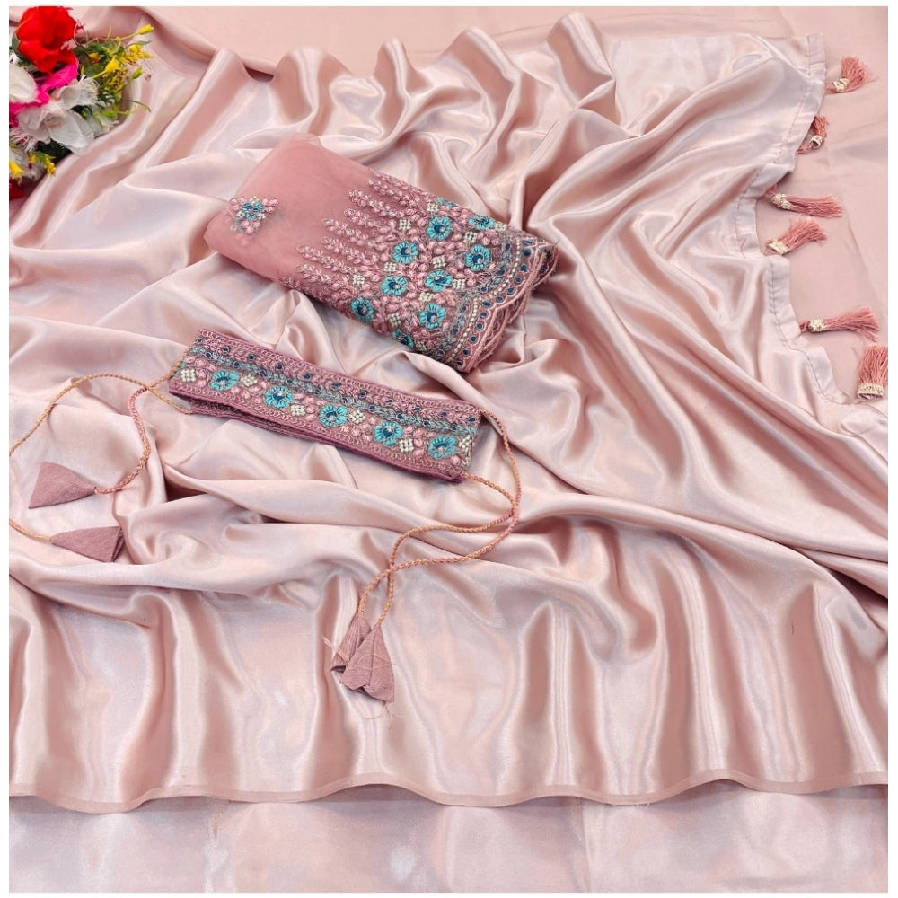 Amfyn Women's Satin Solid Saree With Unstitched Blouse (Pink, 5-5 Mtrs)
