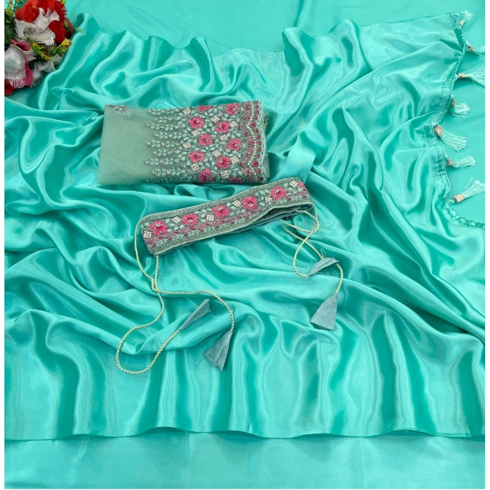 Amfyn Women's Satin Solid Saree With Unstitched Blouse (Skyblue, 5-5 Mtrs)