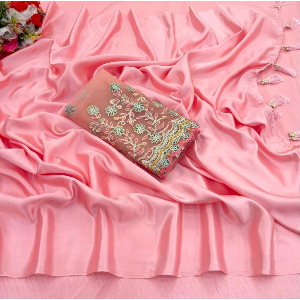 Amfyn Women's Satin Solid Saree With Unstitched Blouse (Pink, 5-5 Mtrs)
