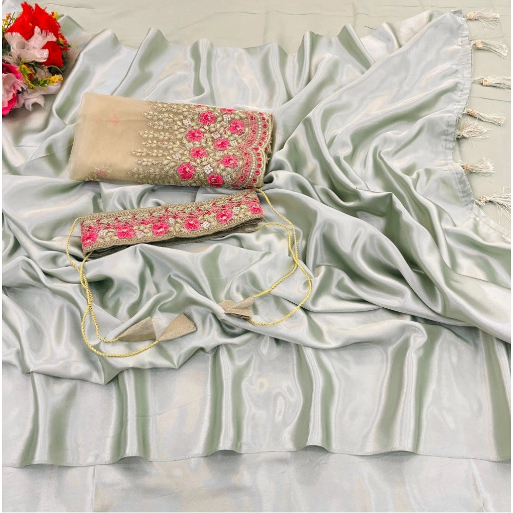 Amfyn Women's Satin Solid Saree With Unstitched Blouse (Offwhite, 5-5 Mtrs)