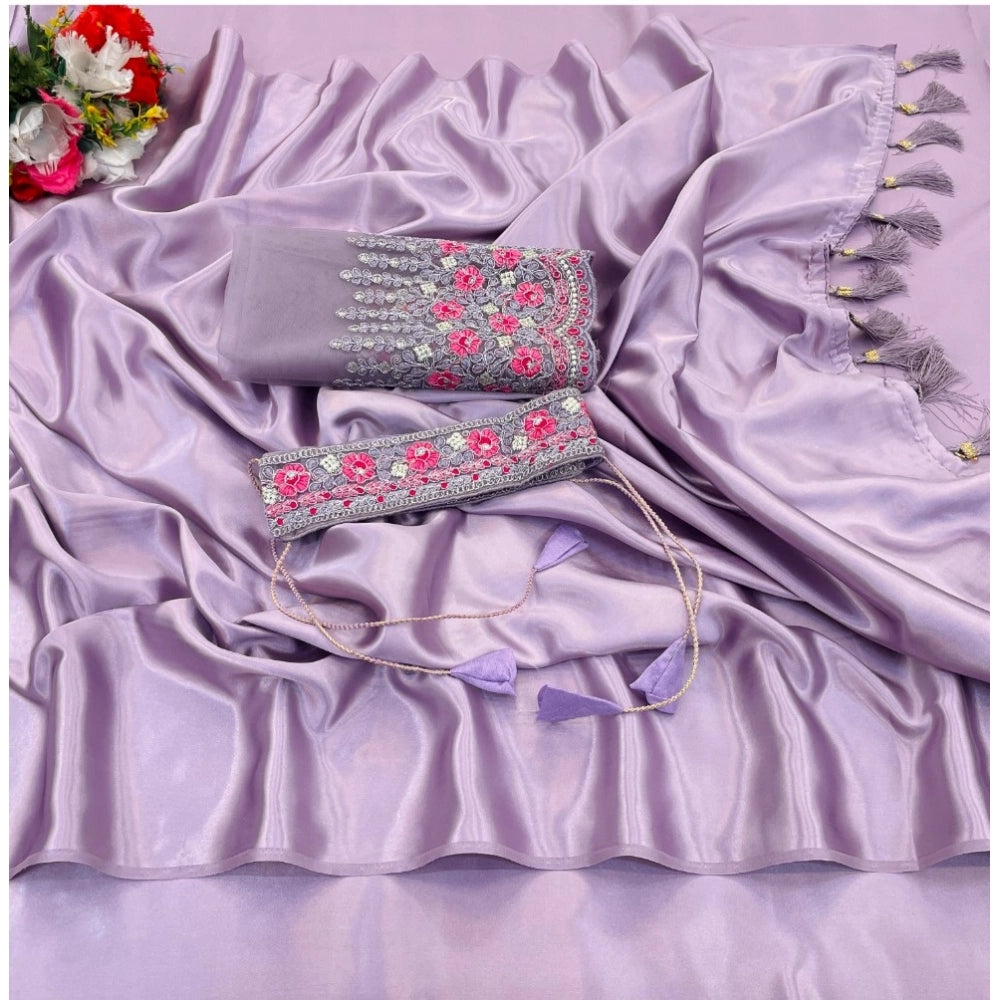 Amfyn Women's Satin Solid Saree With Unstitched Blouse (Purple, 5-5 Mtrs)