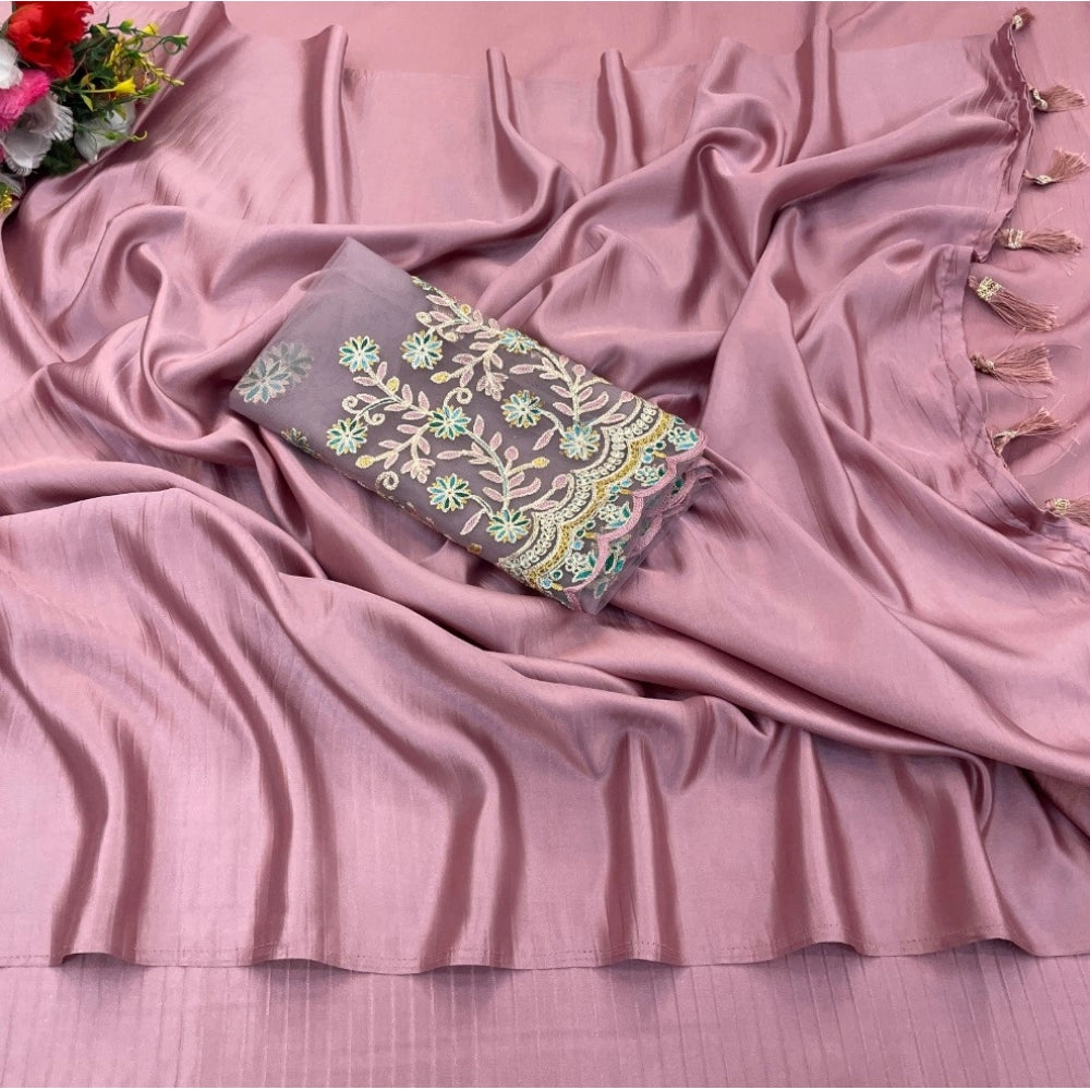 Amfyn Women's Satin Solid Saree With Unstitched Blouse (Maroon, 5-5 Mtrs)