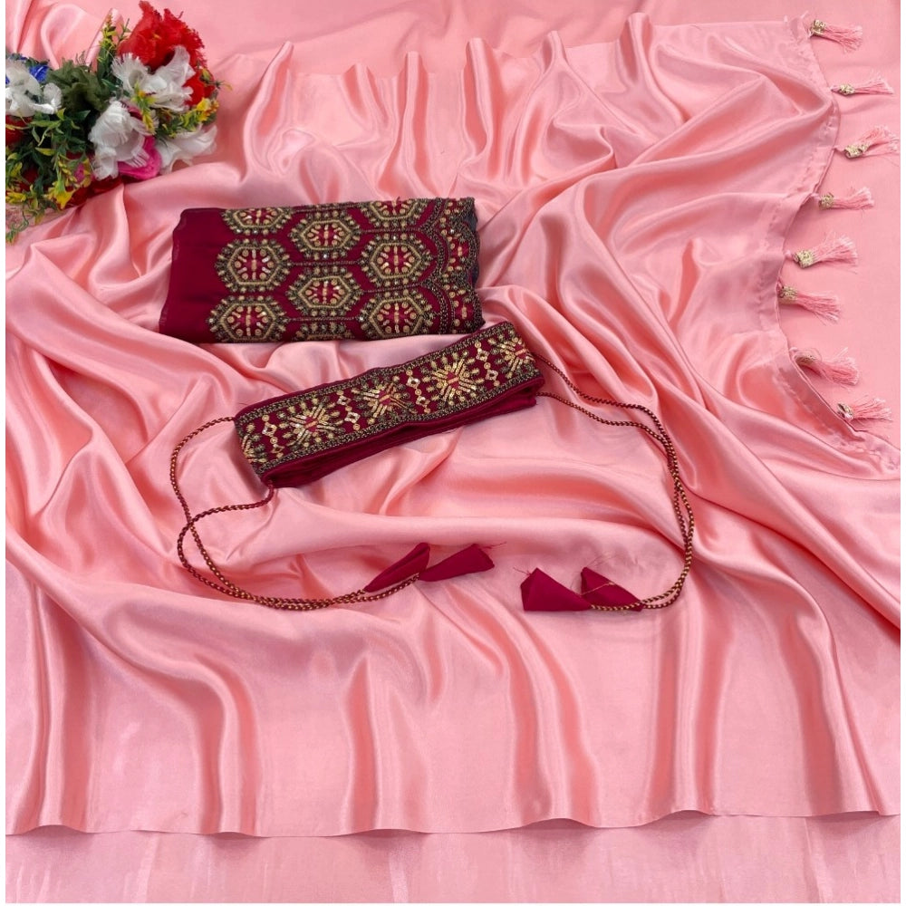 Amfyn Women's Satin Solid Saree With Unstitched Blouse (Pink, 5-5 Mtrs)